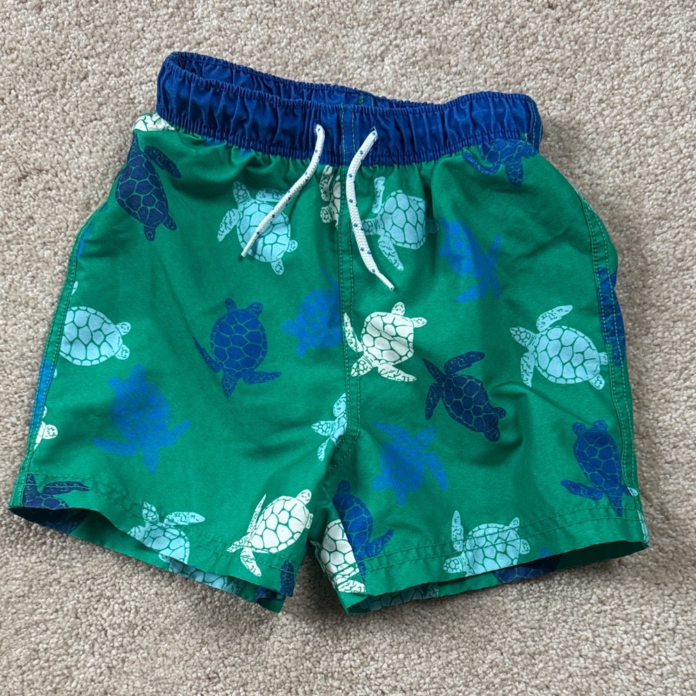 Mini Boden Blue and Green Turtle Swim Trunks 4-5Y